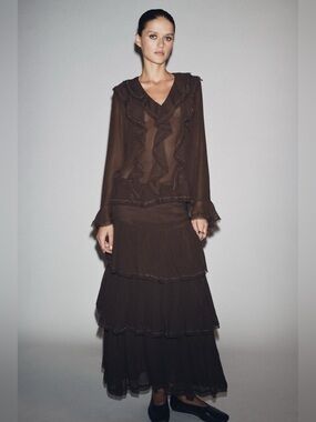 Zara NWT ZW Collection Brown Romantic Victorian Beaded Ruffle Blouse (Size XS)